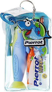 Набор детский "Акула", оранжевый + салатово-синяя акула + голубой чехол - Pierrot Kids Sharky Dental Kit (tbrsh/1шт. + tgel/25ml + press/1шт.) — фото N1