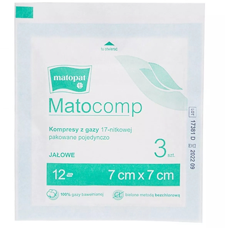 Компреси марлеві стерильні, 17 ниток, 12 шарів, 7х7 см, 3 шт., в індивідуальному пакованні - Matopat Matocomp — фото N1
