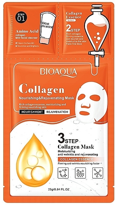 Три етапна тканинна маска для обличчя з колагеном - Bioaqua Collagen Nourishing Rejuvenating Mask  — фото N1