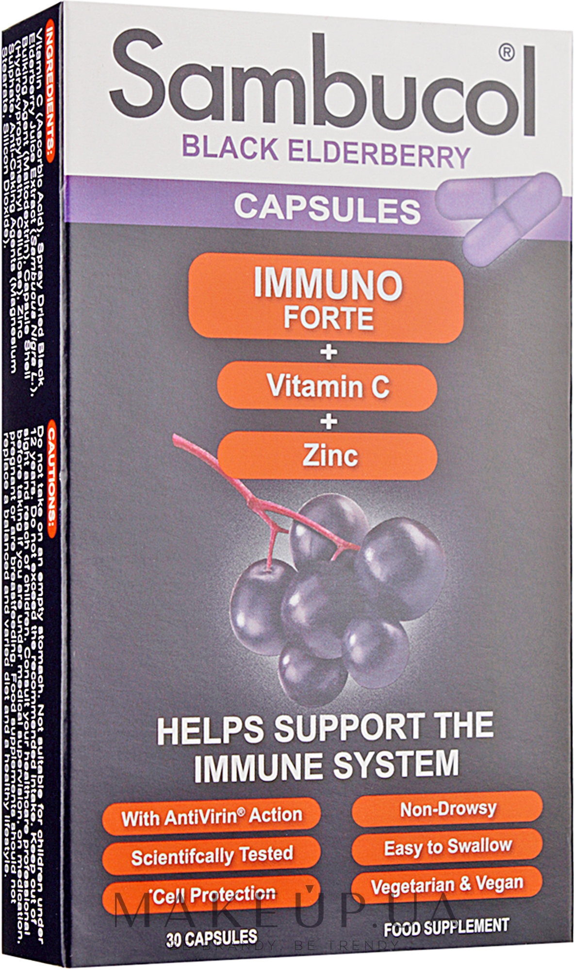Капсули для імунітету "Чорна бузина + вітамін С + цинк" - Sambucol Immuno Forte — фото 30шт