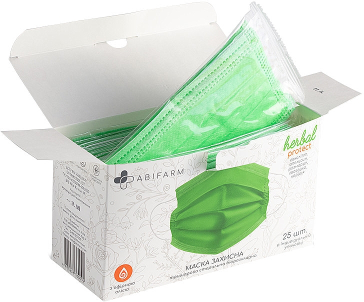 Защитная маска ароматическая, с эфирными маслами, 3-слойная, стерильная, зеленая - Abifarm Herbal Protect — фото N2