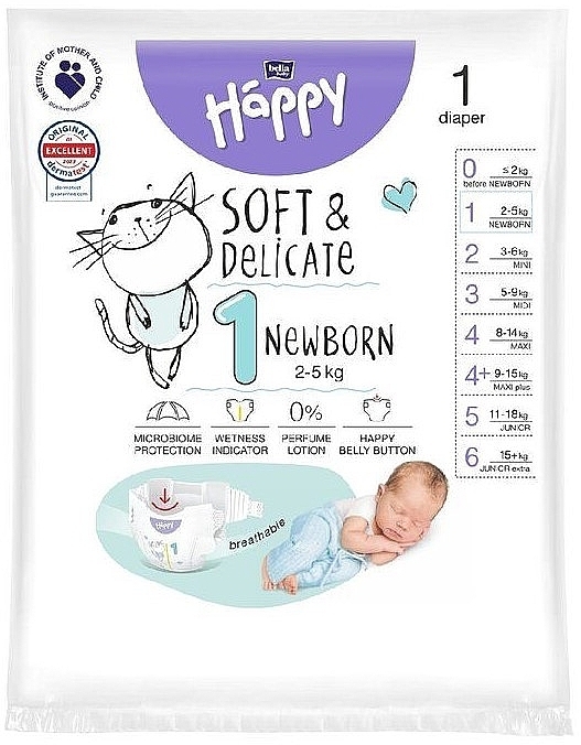 Детские подгузники 2-5 кг, размер 1 Newborn, 1 шт - Bella Baby Happy Soft & Delicate — фото N1