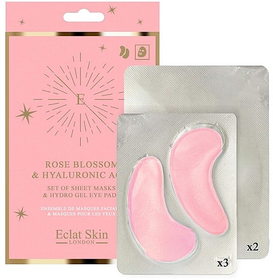 Набір - Eclat Skin London Rose Blossom & Hyaluronic acid Hydro-Gel Eye Pad & Sheet Mask Giftset (f/mask/2pcs + eye/pad/3pcs) — фото N1