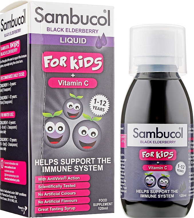 Сироп для імунітету "Чорна бузина + вітамін С" - Sambucol Kids Liquid — фото N2