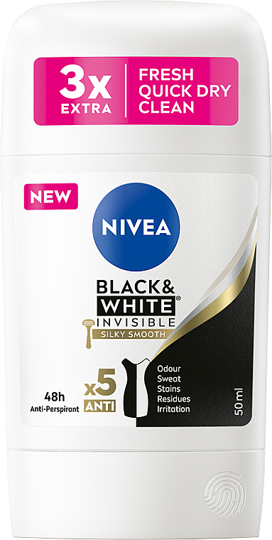 Антиперспирант-стик "Нежность шелка" - NIVEA Black & White Invisible Silky Smooth 48H Antiperspirant Stick — фото N1