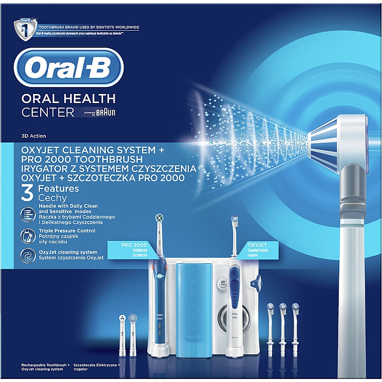 Набор, ирригатор и электрическая щетка с насадками, 9 предметов - Oral-B Braun Oxyjet + PRO 2000 — фото N2