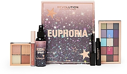 Набір - Makeup Revolution Euphoria Makeup Gift Set (eyeshadow/15x1.1g + highlighter/4x1.1g + fix/spray/95ml + lipstick/2.5ml + mascara/7ml + face jewels) — фото N1