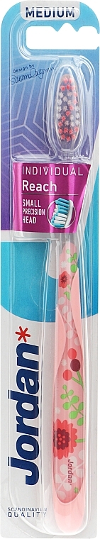 Зубная щетка medium, серо-розовая с цветами - Jordan Individual Reach Toothbrush — фото N1