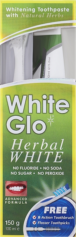 Набір з біло-зеленою щіткою - White Glo Herbal White Set (t/paste/100ml + t/brush/1pc + dental/flosser) — фото N2