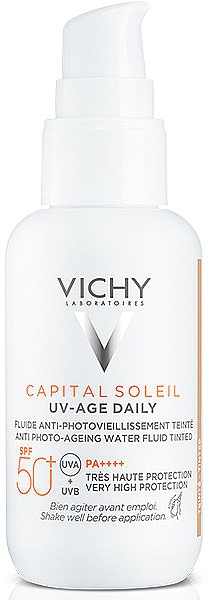 Сонцезахисний невагомий флюїд проти ознак фотостаріння шкіри обличчя з універсальним тонувальним пігментом, SPF 50+ - Vichy Capital Soleil UV-Age Daily