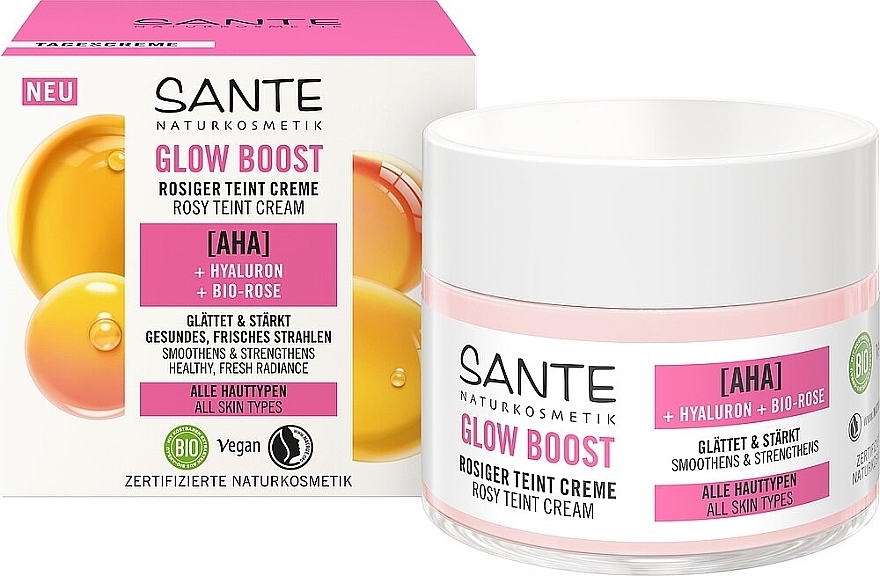 Биокрем дневной для лица с АНА и гиалуроновой кислотами, с розой - Sante Glow Boost Cream — фото N1