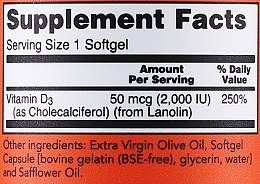 Вітамін D-3 високоактивний - Now Foods Vitamin D-3 High Potency 2000 IU Softgels — фото N3