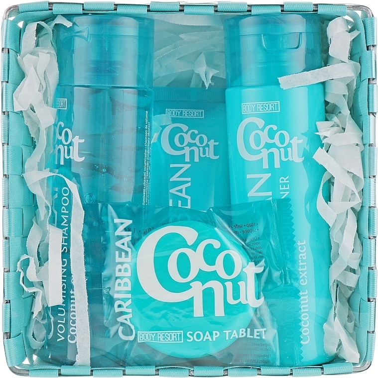 Косметический набор "Карибский Кокос" - Body Resort Caribbean Coconut Kit (shm/250ml + cond/250ml + hand/cr/100ml + soap/50ml)  — фото N1