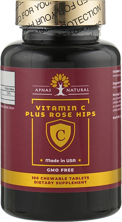 Харчова добавка "Вітамін С + шипшина", жувальні таблетки, №100 - Apnas Natural Vitamin C Plus Rose Hips — фото N1