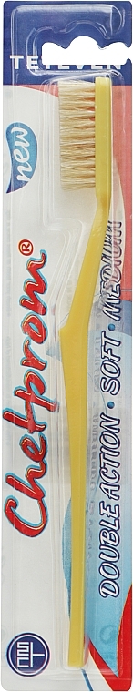 Зубная щетка с натуральной щетиной №44, желтая - Chetprom Double Action Soft Medium — фото N1