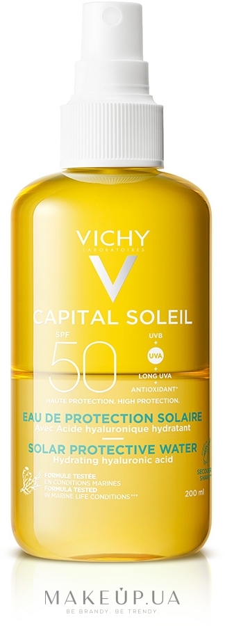 Сонцезахисний водний двофазний зволожувальний спрей для обличчя й тіла з гіалуроновою кислотою, SPF50 - Vichy Capital Soleil Solar Protective Water — фото 200ml