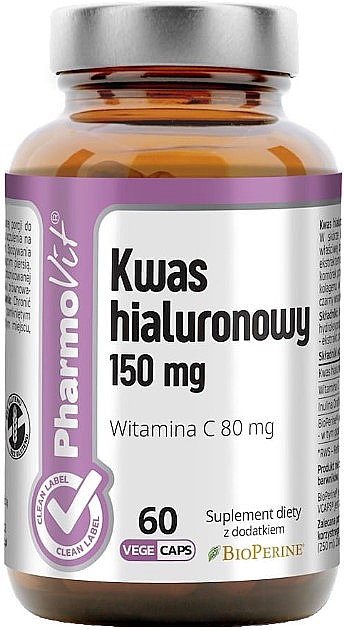 Харчова добавка "Гіалуронова кислота" 150 Мг - Pharmovit Clean Label Hyaluronic Acid 150 Mg — фото N1