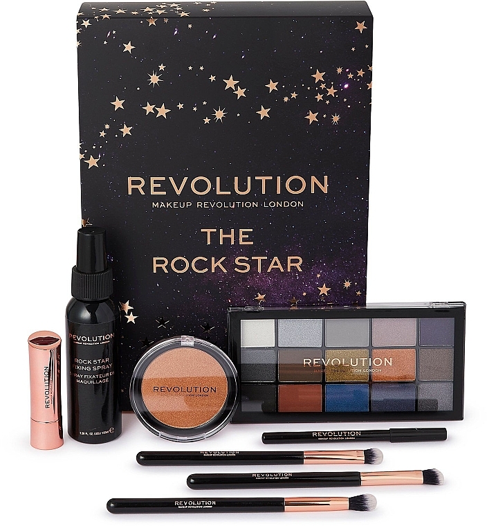 Набір - Makeup Revolution The Rock Star (eye/palette/16.5g + highl/6.5g + fix/sprey/100ml + lipstick/3.5g + eye/pen/1.2g + brush/3) — фото N1