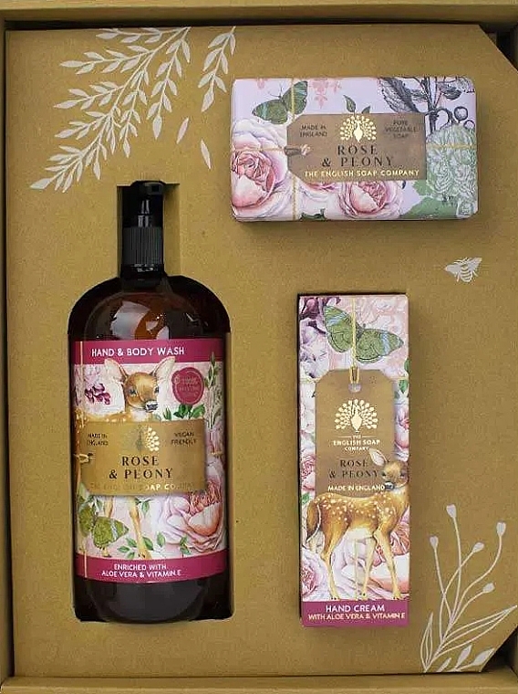 Набор - The English Soap Company Anniversary Collection Rose & Peony Hand And Body Gift Box (soap/190g + h/cr/75ml + h/wash/500ml) — фото N2