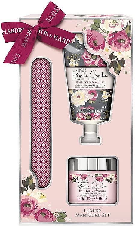 Набор - Baylis & Harding Royale Garden Rose Poppy & Vanilla Luxury Manicure (h/cr/50ml + h/salt/70g + n/file) — фото N1