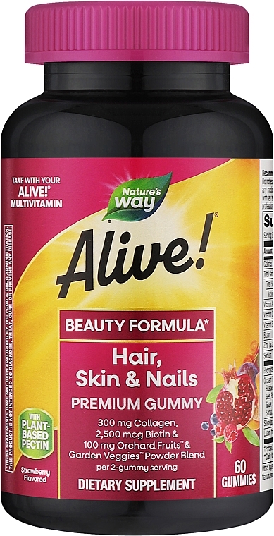 Добавка с коллагеном и биотином для волос, кожи и ногтей - Nature's Way Alive! Hair, Skin & Nails Strawberry Gummies — фото N1