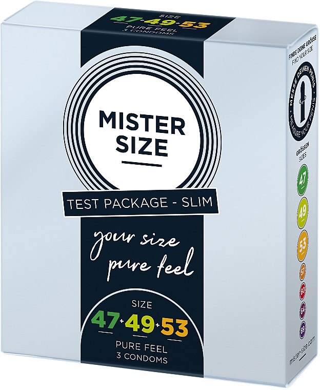 Презервативи латексні, розмір 47-49-53, 3 шт. - Mister Size Test Package Slim Pure Fell Condoms — фото N1