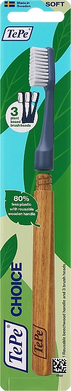 Зубна екощітка з дерев'яною ручкою та трьома насадками, синя - TePe Choice Soft Toothbrush — фото N1