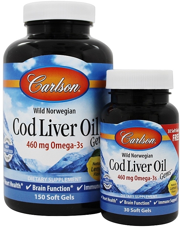 Набор - Carlson Labs Cod Liver Oil Gems 460 mg (gem/150szt + gem/30szt) — фото N1