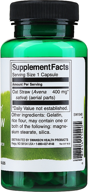 Пищевая добавка "Овсяная солома", 400 мг - Swanson Full Spectrum Oat Straw — фото N3