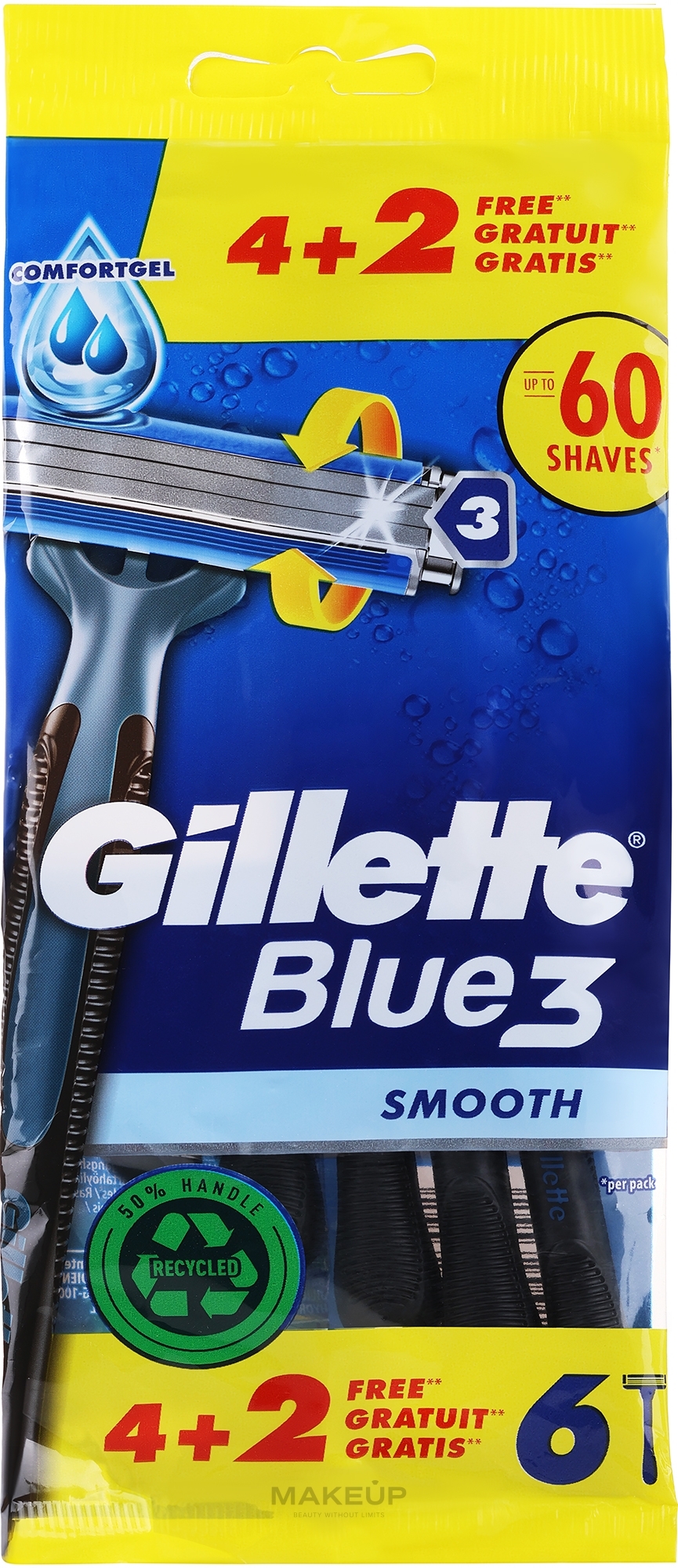 Набор одноразовых станков для бритья, 4+2шт - Gillette Blue 3 Smooth — фото 6шт