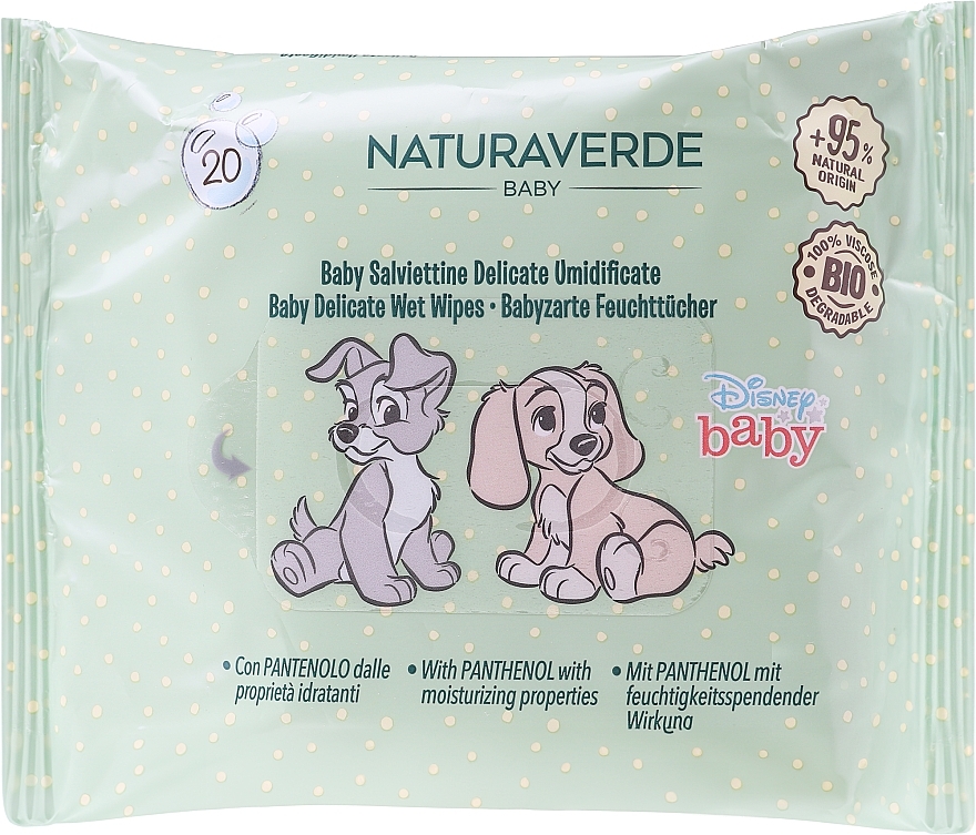 Дитячі вологі серветки, 20 шт, леді та бродяга - Naturaverde Baby Disney Bio Delicate Wipes  Lady & The Tramp — фото N1
