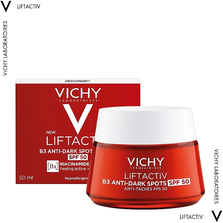 Антивозрастной крем для коррекции пигментных пятен и морщин, высокая степень защиты SPF50 - Vichy LiftActiv B3 Anti-Dark Spots Cream SPF50 — фото N2