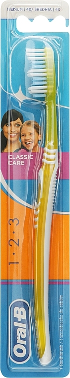 Зубна щітка середньої жорсткості, жовта - Oral-B 1 2 3 Classic Care Medium Toothbrush — фото N1