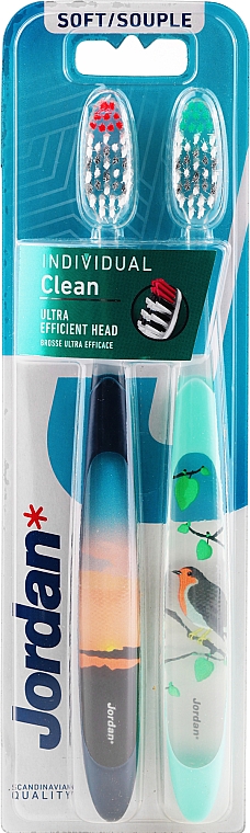 Зубна щітка м'яка, синьо-помаранчева + туркусова з птахом - Jordan Individual Clean Soft — фото N1