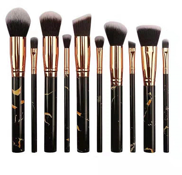 Пензлі для макіяжу, чорні із золотом, 10 шт. - Lewer Brushes 10 Black Gold With Fel-tip Pens