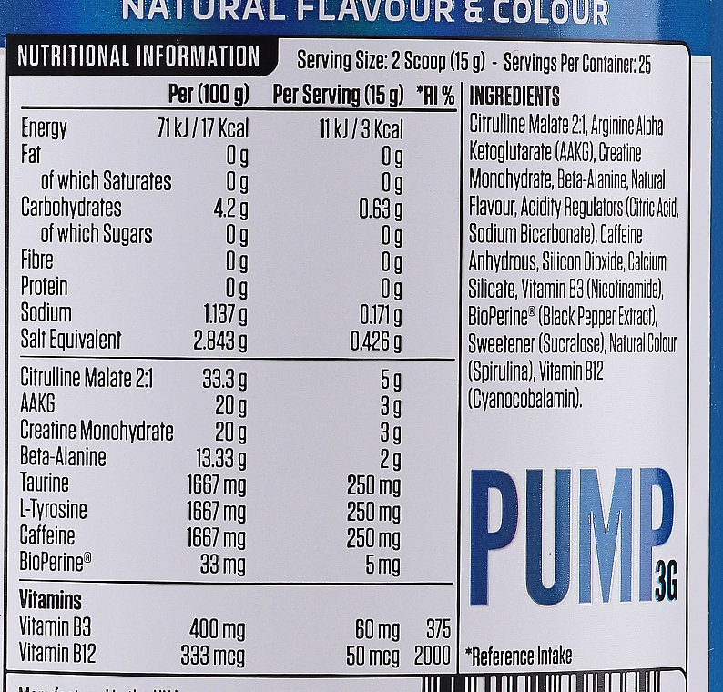 Многокомпонентная смесь из 12 веществ для поддержания мышечной деятельности и кровотока - Applied Nutrition Pump 3G Zero Stimulant Icy Blue Raz — фото N3