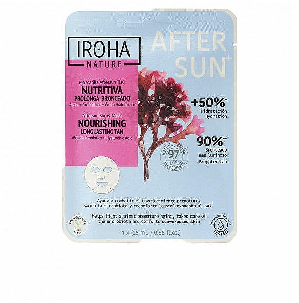 Маска для лица с водорослями, пробиотиками и гиалуроновой кислотой - Iroha Nature Nourishing Long Lasting Tan After Sun Sheet Mask — фото N1
