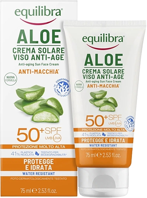 Сонцезахисний крем для обличчя - Equilibra Aloe Anti-Aging Sun Face Cream SPF 50+ — фото N1