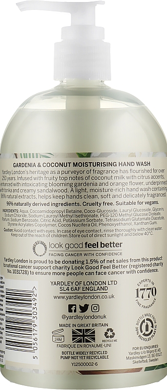 Средство для мытья рук "Gardenia & Coconut" - Yardley Gardenia & Coconut Moisturising Hand Wash — фото N2