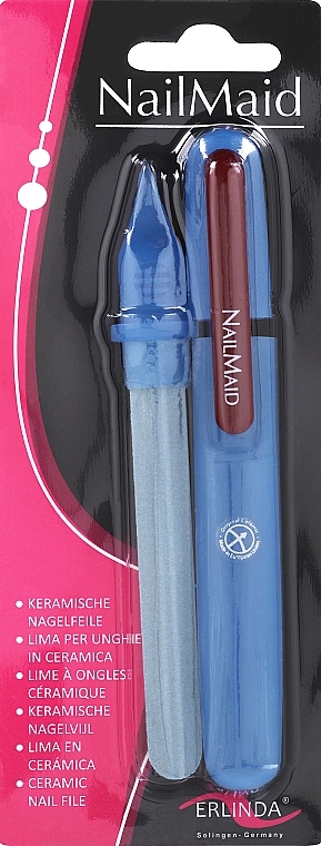 Керамическая пилочка для ногтей в голубом кейсе, бордовая клипса - Erlinda Solingen NailMaid Ceramic Nail File  — фото N1