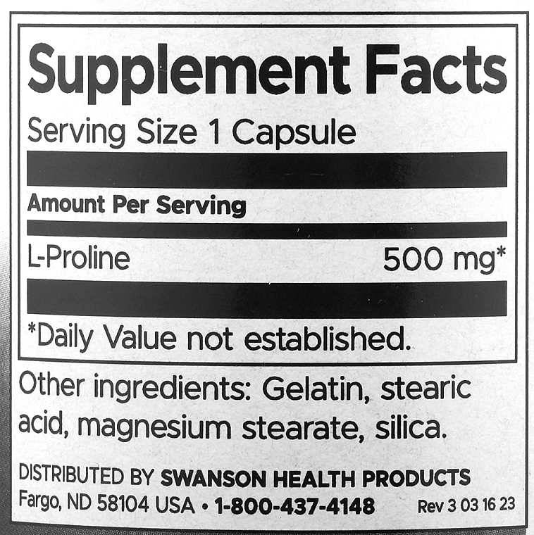 Харчова добавка "L-пролін", 500 мг - Swanson L-Proline 500 mg — фото N2