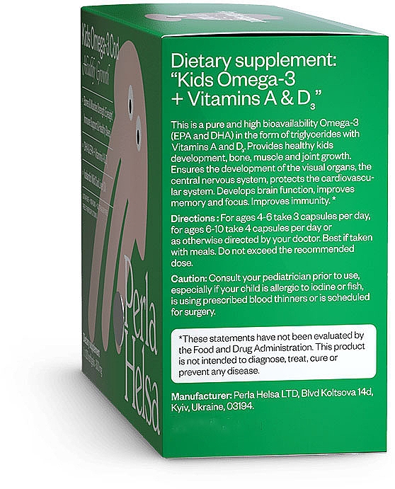 Омега-3 из трески, с витаминами А и Д3, 120 капсул - Perla Helsa Kids Omega-3 Cod Healthy Growth Dietary Supplement — фото N4