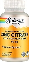 Харчова добавка "Цитрат цинку з гарбузовим насінням", 50 мг - Solaray Zinc Citrate With Pumpkin Seed 50 mg — фото N1