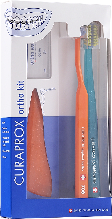 Набір, варіант 30 (помаранчевий, помаранчевий, блакитний) - Curaprox Ortho Kit (brush/1pcs + brushes 07,14,18/3pcs + UHS/1pcs + orthod/wax/1pcs + box) — фото N1