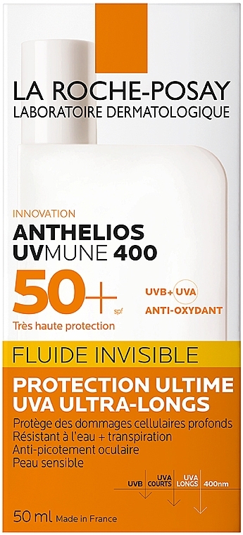 Легкий сонцезахисний флюїд без запаху, високий рівень захисту від UVB і дуже довгих UVA променів SPF50+ - La Roche-Posay Anthelios UVmune 400 Invisible Fluid SPF50+ Fragrance Free — фото N2
