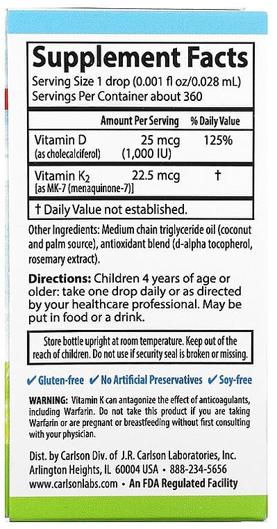 Жидкие витамины для детей - Carlson Labs, Kid's Super Daily D3 + K2 25 mcg — фото N2