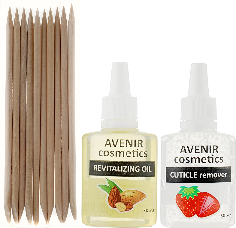 Набор по уходу за ногтями - Avenir Cosmetics (remover/30ml + nail oil/30ml + sticks/10pcs)