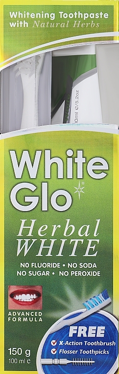 Набор с бело-фиолетовой щеткой - White Glo Herbal White Set (t/paste/100ml + t/brush/1pc + dental/flosser) — фото N2