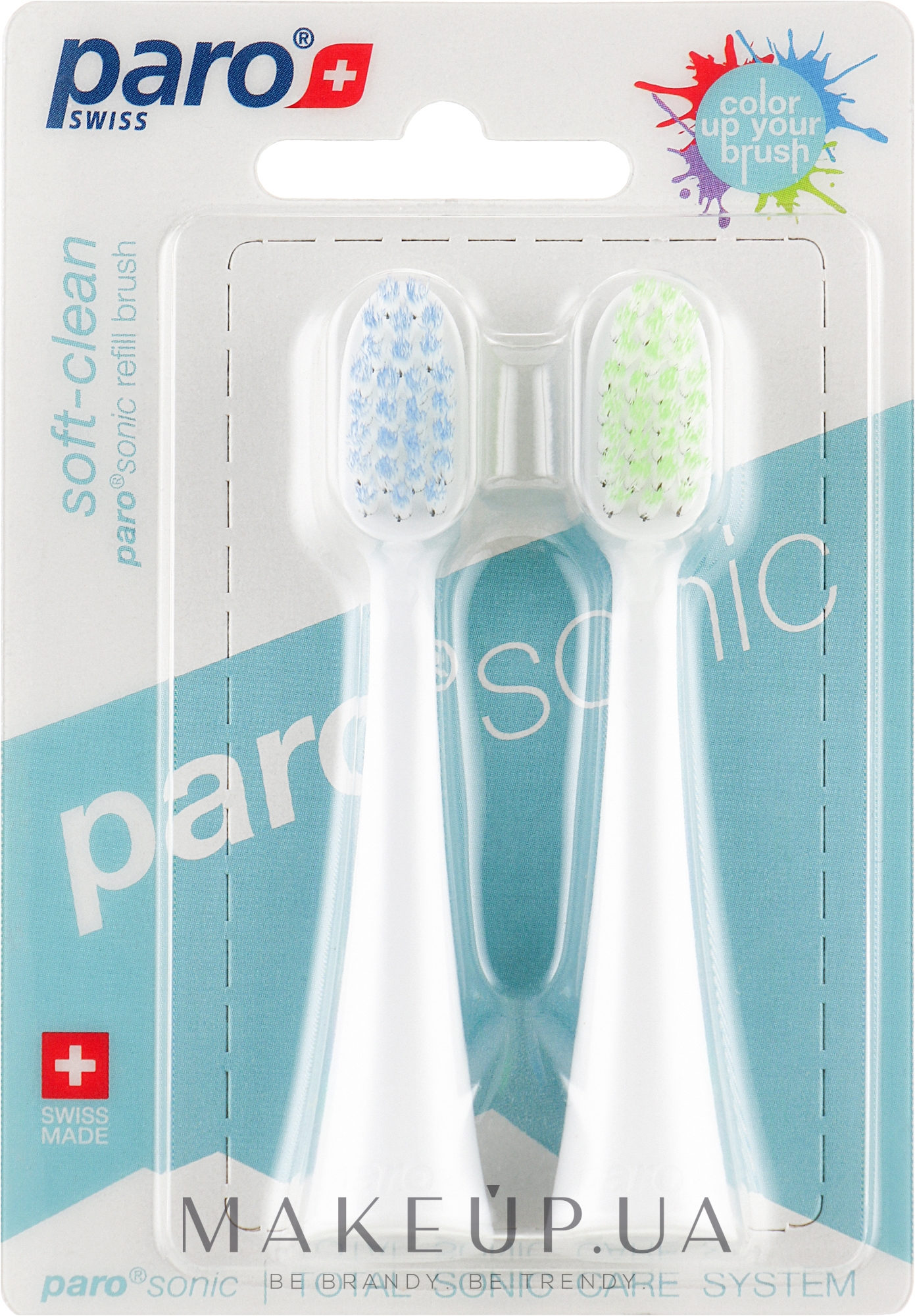 Сменные щетки для звуковой зубной щетки, синяя + салатовая - Paro Swiss Sonic Soft-Clean — фото 2шт
