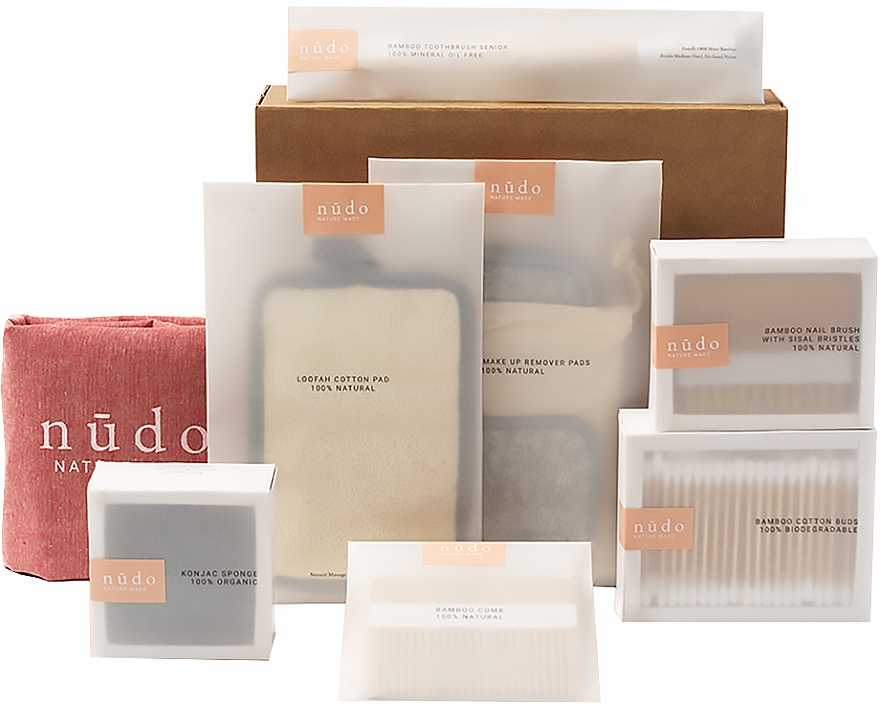 Набор - Nudo Nature Made Starter Kit (cotton buds/200pcs + h/brush/1pc + n/brush/1pc + toothbrush/1pc + sh/sponge/1pc + f/sponge/1pc + bag/1pc + pads/7pcs) — фото N1